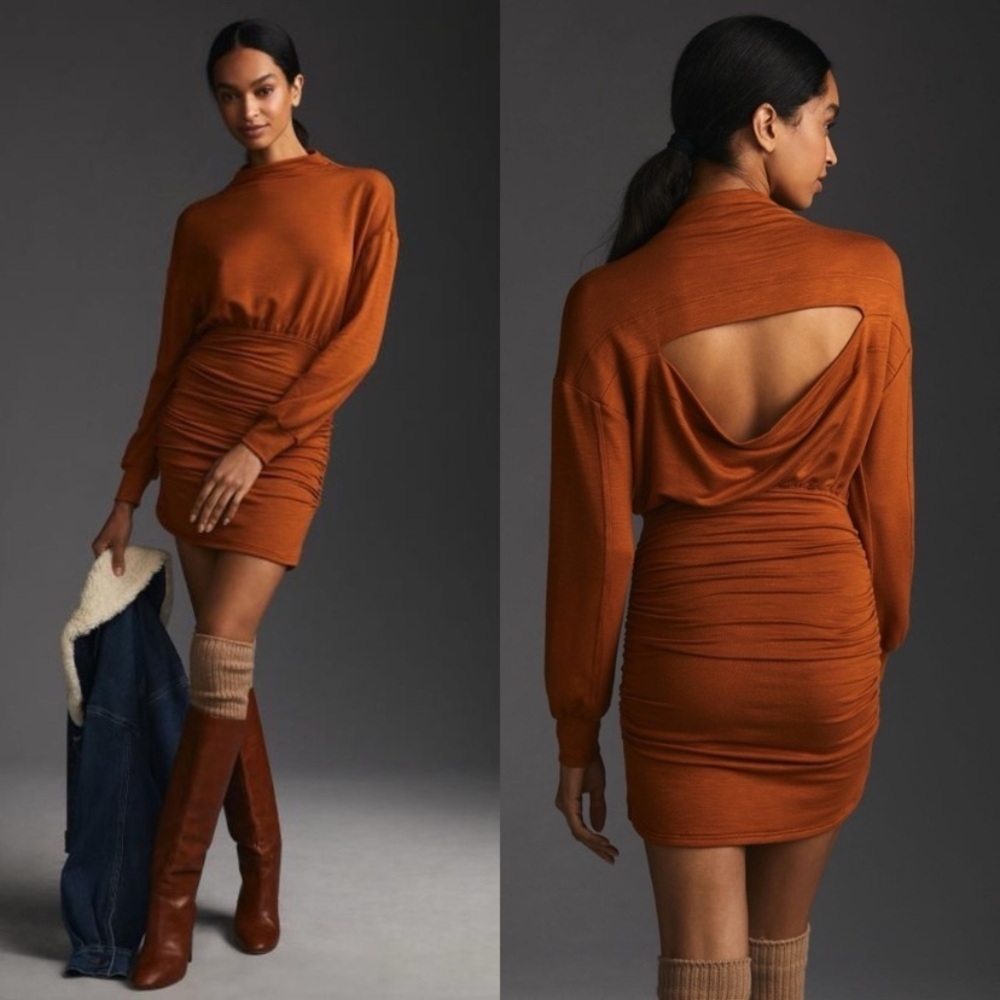 Anthropologie Daily Practice Ruched Cozy Dress Brown Burnt Orange Size Large